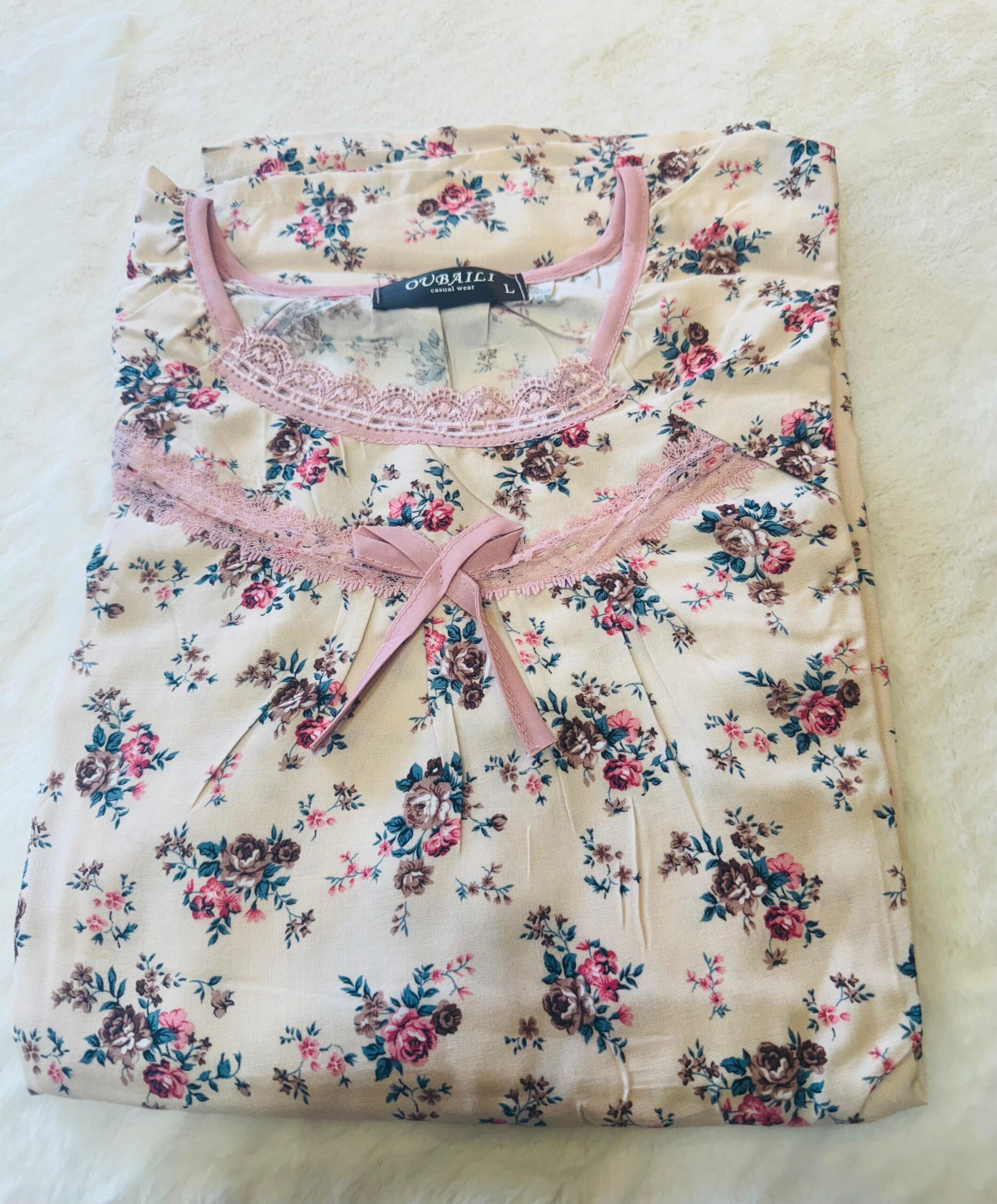 Cream Floral Printed nighty