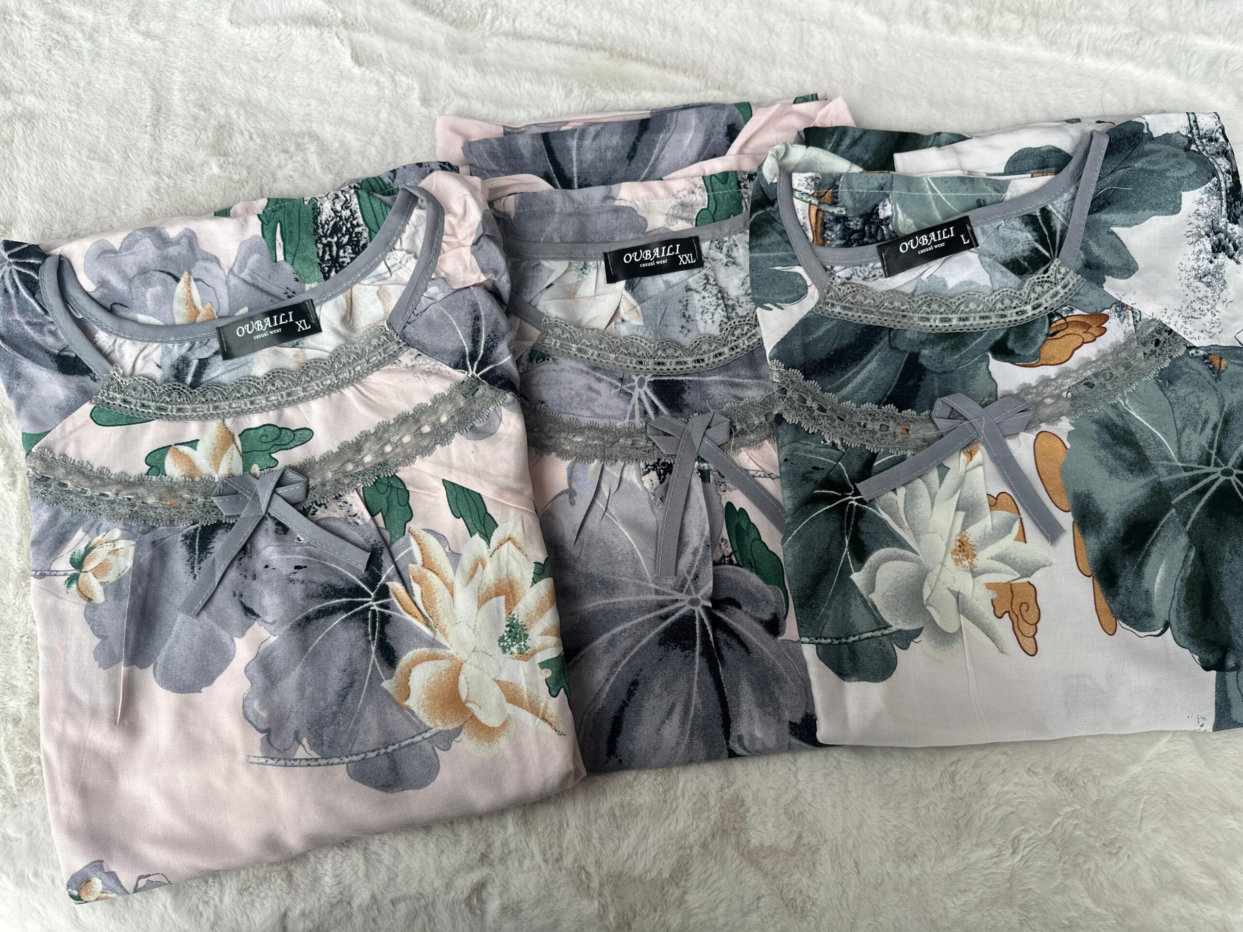 Gray-Blue Floral Printed Nighty - Image 2