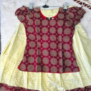 Meroon Ajrak printed baby pattupavada with cream skirt-Nahna fashion Kanhangad